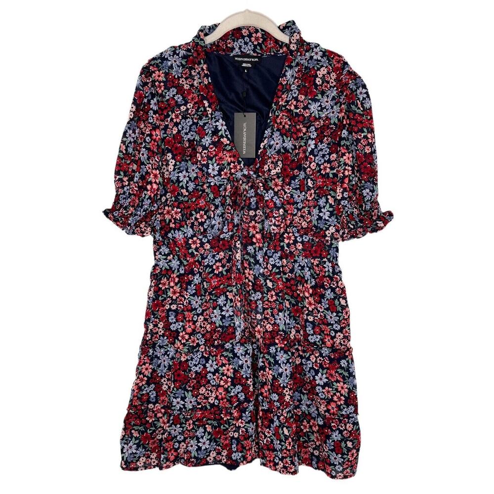 Wednesday’s Girl Navy Blue Ruffle Bow Collar Short Sleeve Dress Size Large NWT